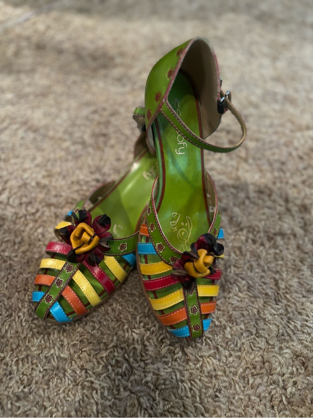 Socofy Multicolor Leather Heeled Sandals Floral Boho Women's Size 39